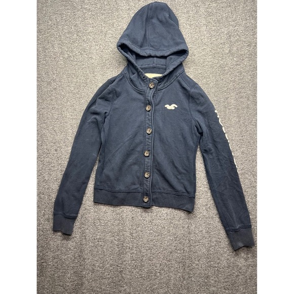 Hollister Tops - Hollister Hoodie Women Medium Navy Blue Button Front Logo Sleeve Sweatshirt